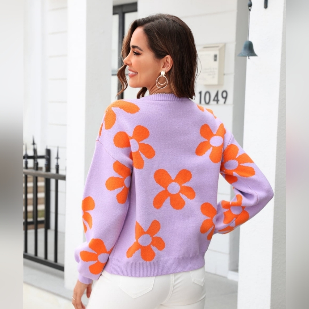 Flower Power Retro Floral Knit Round Neck Long Sleeve Oversized Pullover Sweater - Picture 8 of 9